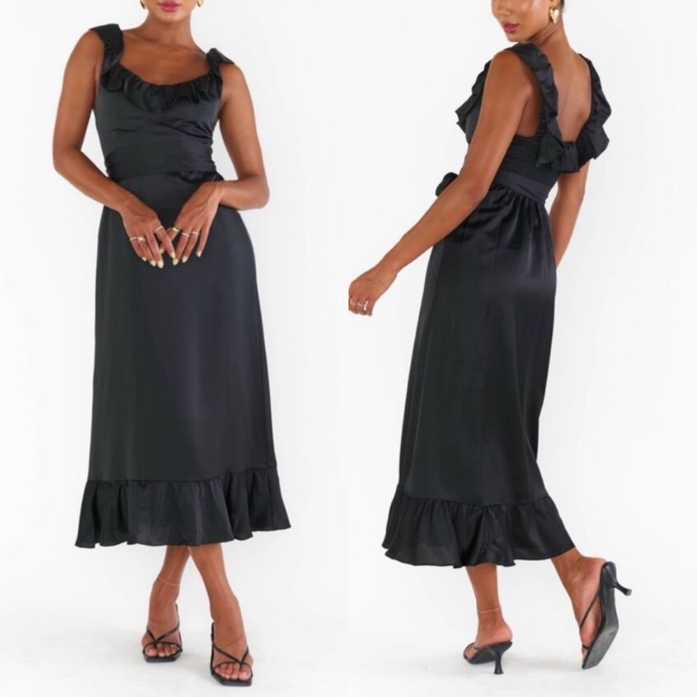 Show Me‎ Your Mumu Alexis Midi Dress in Black Luxe Satin XXL Plus Size SMYM